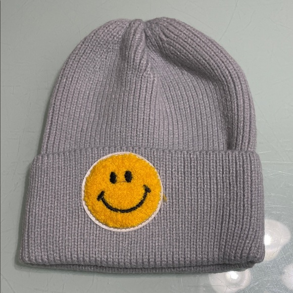 None Other - Gray Kids Beanie with Yellow Smiley Patch